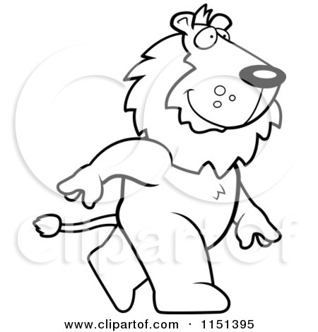 Cartoon Clipart Of A Black And White Happy Lion Walking - Vector Outlined Coloring Page by Cory Thoman