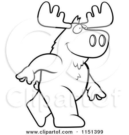 Cartoon Clipart Of A Black And White Walking Moose - Vector Outlined Coloring Page by Cory Thoman