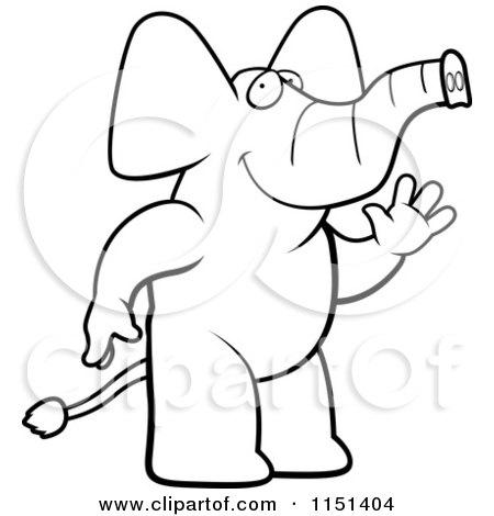 Cartoon Clipart Of A Black And White Friendly Elephant Standing and Waving - Vector Outlined Coloring Page by Cory Thoman