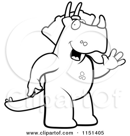 Cartoon Clipart Of A Black And White Friendly Triceratops Dinosaur Waving - Vector Outlined Coloring Page by Cory Thoman