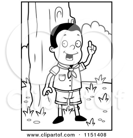 Cartoon Clipart Of A Black And White Knowledgeable Cub Scout Boy in the Woods - Vector Outlined Coloring Page by Cory Thoman