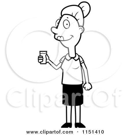 Cartoon Clipart Of A Black And White Friendly Woman Holding a Glass of Water - Vector Outlined Coloring Page by Cory Thoman