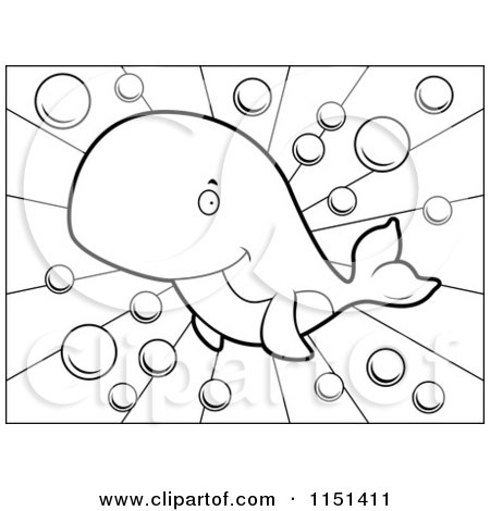 Cartoon Clipart Of A Black And White Cute Whale Swimming Through Bubbles - Vector Outlined Coloring Page by Cory Thoman