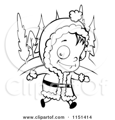 Cartoon Clipart Of A Black And White Little Girl Walking in the Snow - Vector Outlined Coloring Page by Cory Thoman