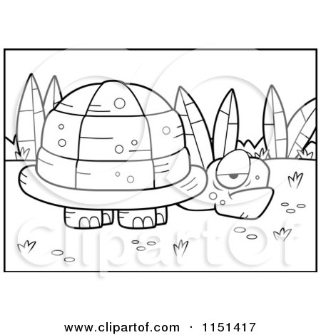 Cartoon Clipart Of A Black And White Grumpy Old Tortoise near Plants - Vector Outlined Coloring Page by Cory Thoman