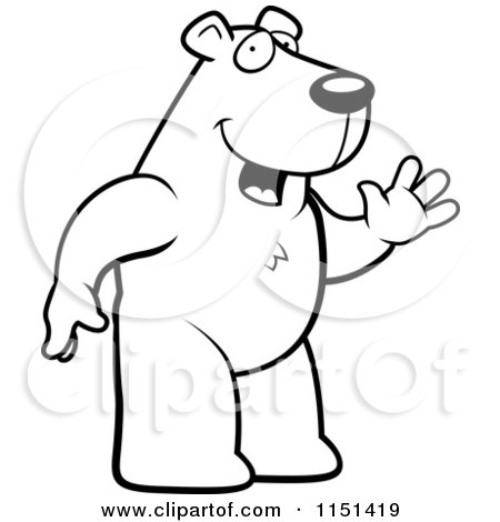 Cartoon Clipart Of A Black And White Waving White Polar Bear Character - Vector Outlined Coloring Page by Cory Thoman