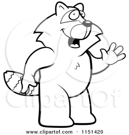 Cartoon Clipart Of A Black And White Friendly Raccoon Waving - Vector Outlined Coloring Page by Cory Thoman