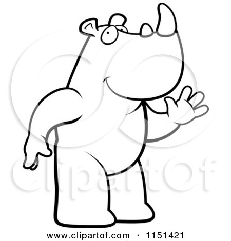 Cartoon Clipart Of A Black And White Friendly Rhino Standing and Waving - Vector Outlined Coloring Page by Cory Thoman