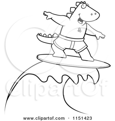 Cartoon Clipart Of A Black And White Surfing Dinosaur Riding a Wave - Vector Outlined Coloring Page by Cory Thoman