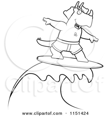 Cartoon Clipart Of A Black And White Surfing Triceratops - Vector Outlined Coloring Page by Cory Thoman