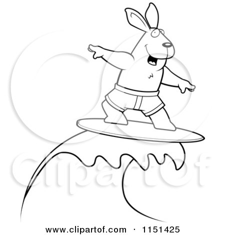 Cartoon Clipart Of A Black And White Surfing Rabbit - Vector Outlined Coloring Page by Cory Thoman