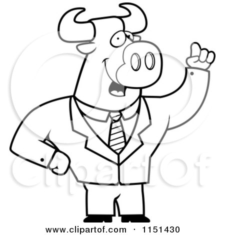 Cartoon Clipart Of A Black And White Waving Bull Businessman - Vector Outlined Coloring Page by Cory Thoman