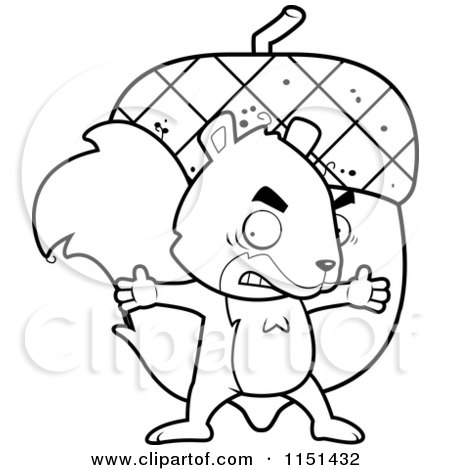 Cartoon Clipart Of A Black And White Mad Squirrel Protecting His Giant Acorn - Vector Outlined Coloring Page by Cory Thoman