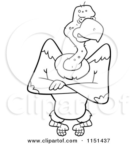 Cartoon Clipart Of A Black And White Grumpy Vulture with His Wings Crossed - Vector Outlined Coloring Page by Cory Thoman