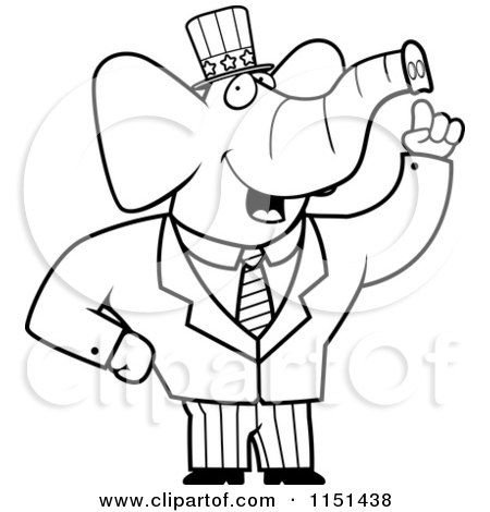 Cartoon Clipart Of A Black And White American Elephant Politician - Vector Outlined Coloring Page by Cory Thoman