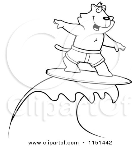 Cartoon Clipart Of A Black And White Surfing Cat - Vector Outlined Coloring Page by Cory Thoman