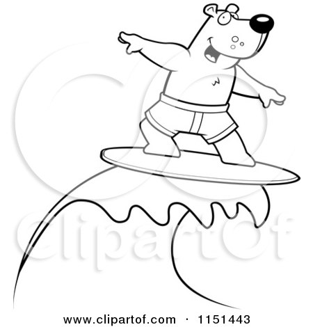 Cartoon Clipart Of A Black And White Surfing Bear Riding a Wave - Vector Outlined Coloring Page by Cory Thoman