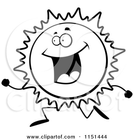 Cartoon Clipart Of A Black And White Sun Character Running - Vector Outlined Coloring Page by Cory Thoman