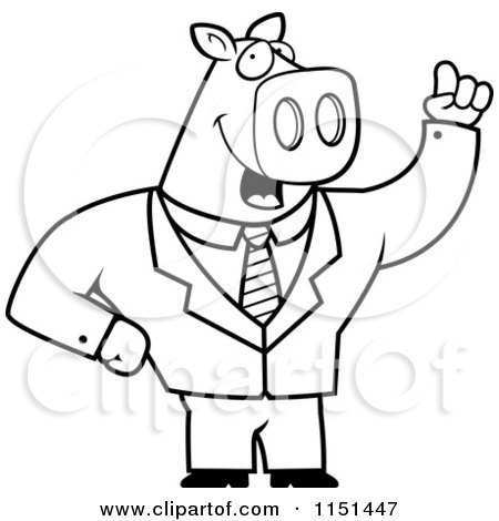Cartoon Clipart Of A Black And White Business Pig with an Idea - Vector Outlined Coloring Page by Cory Thoman