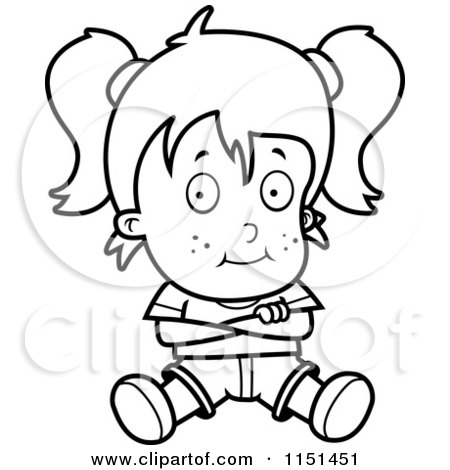 Cartoon Clipart Of A Black And White Stubborn Tom Boy Girl Sitting with Her Arms Crossed - Vector Outlined Coloring Page by Cory Thoman