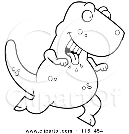 Cartoon Clipart Of A Black And White Hungry Tyrannosaurus Running with His Tongue Hanging out - Vector Outlined Coloring Page by Cory Thoman