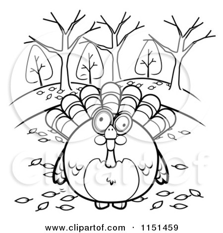 Cartoon Clipart Of A Black And White Turkey Bird Surrounded by Autumn Leaves - Vector Outlined Coloring Page by Cory Thoman