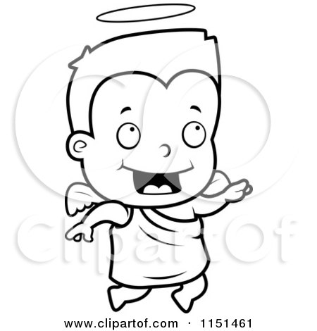 Cartoon Clipart Of A Black And White Angel Toddler Boy Flying - Vector Outlined Coloring Page by Cory Thoman