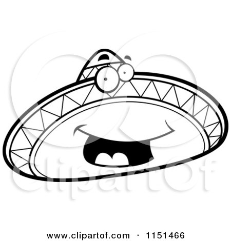 Cartoon Clipart Of A Black And White Happy Sombrero Mascot - Vector Outlined Coloring Page by Cory Thoman