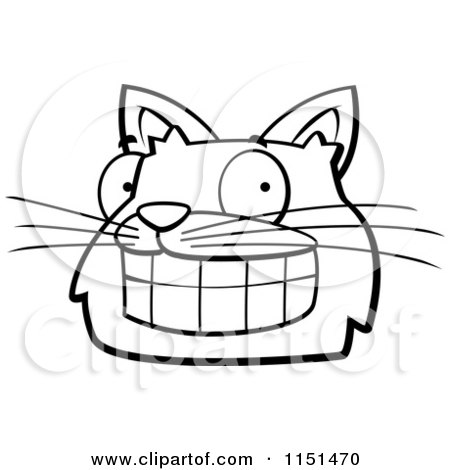 Cartoon Clipart Of A Black And White Grinning Cat Face - Vector Outlined Coloring Page by Cory Thoman