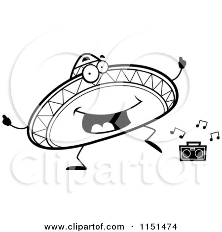 Cartoon Clipart Of A Black And White Happy Dancing Sombrero Character - Vector Outlined Coloring Page by Cory Thoman