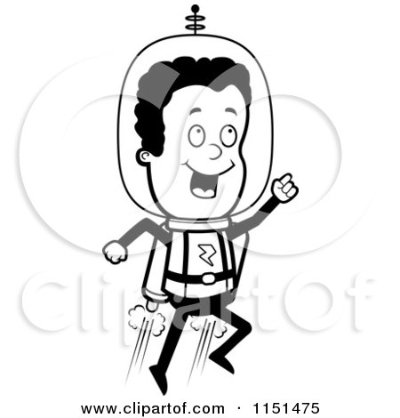 Cartoon Clipart Of A Black And White Space Ranger Using a Jetpack - Vector Outlined Coloring Page by Cory Thoman