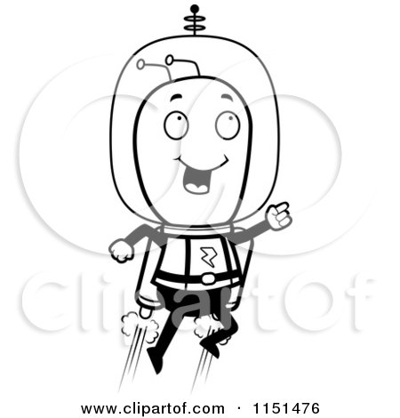 Cartoon Clipart Of A Black And White Space Alien Using a Jetpack - Vector Outlined Coloring Page by Cory Thoman