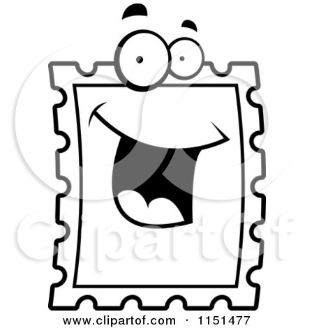 Cartoon Clipart Of A Black And White Happy Smiling Postage Stamp Face - Vector Outlined Coloring Page by Cory Thoman
