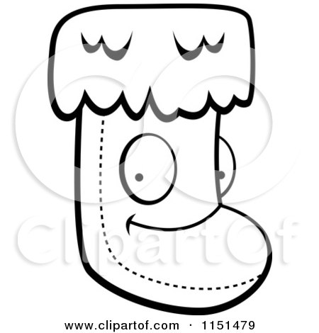 Cartoon Clipart Of A Black And White Happy Christmas Stocking Character - Vector Outlined Coloring Page by Cory Thoman