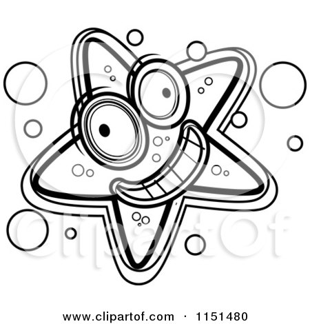Cartoon Clipart Of A Black And White Happy Starfish - Vector Outlined Coloring Page by Cory Thoman