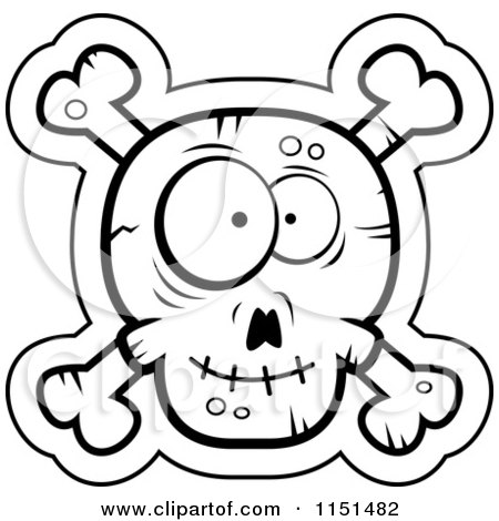 Cartoon Clipart Of A Black And White Silly Faced Skull and Crossbones - Vector Outlined Coloring Page by Cory Thoman