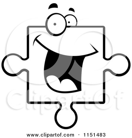 Cartoon Clipart Of A Black And White Happy Puzzle Piece - Vector Outlined Coloring Page by Cory Thoman