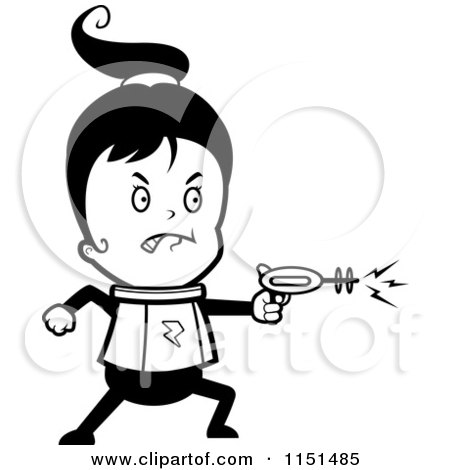 Cartoon Clipart Of A Black And White Space Ranger Girl Using a Ray Gun - Vector Outlined Coloring Page by Cory Thoman