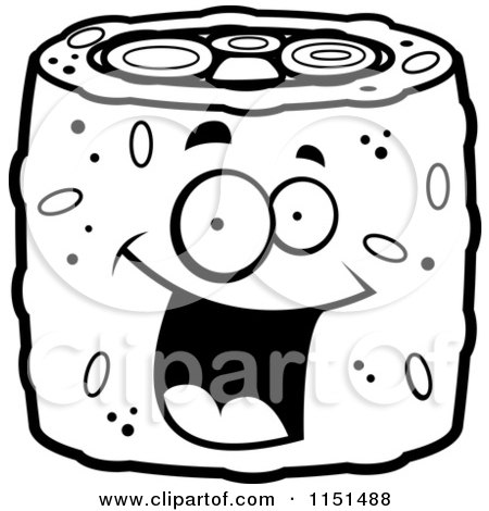 Cartoon Clipart Of A Black And White Happy Smiling Sushi Face - Vector Outlined Coloring Page by Cory Thoman
