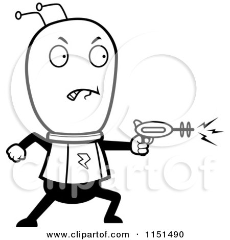 Cartoon Clipart Of A Black And White Space Alien Shooting a Gun - Vector Outlined Coloring Page by Cory Thoman