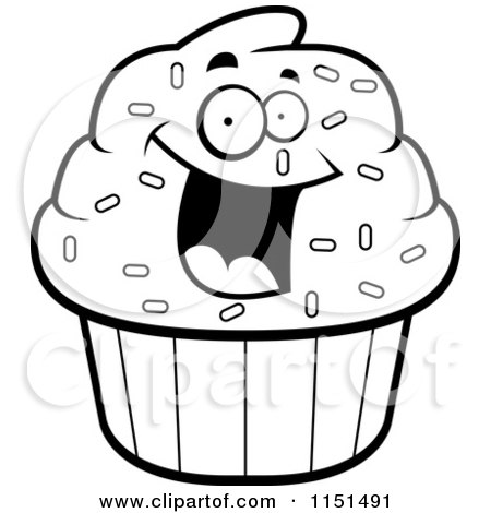 Cartoon Clipart Of A Black And White Excited Cupcake Character - Vector Outlined Coloring Page by Cory Thoman