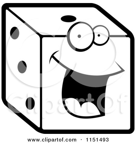 Cartoon Clipart Of A Black And White Happy Dice - Vector Outlined Coloring Page by Cory Thoman