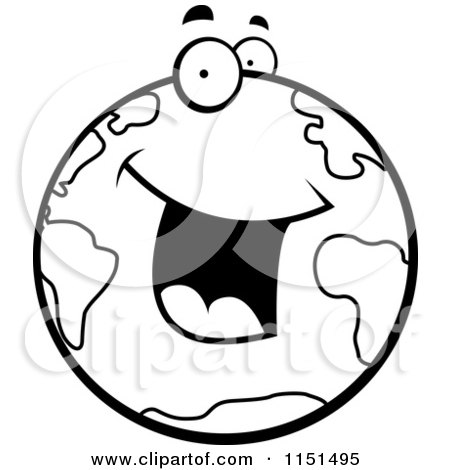 Cartoon Clipart Of A Black And White Excited Earth Character - Vector Outlined Coloring Page by Cory Thoman