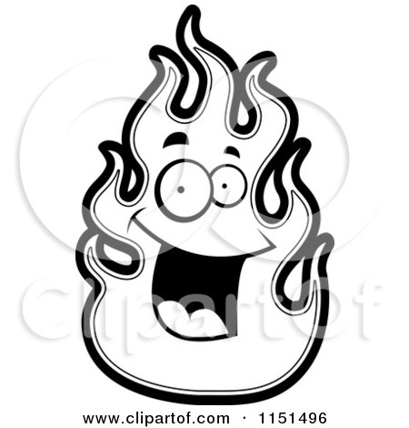 Cartoon Clipart Of A Black And White Happy Smiling Flame Character - Vector Outlined Coloring Page by Cory Thoman