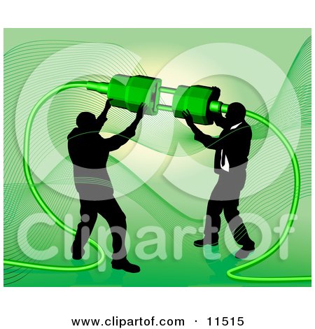 Two Businessmen Working Together to Connect a Plug and Socket Over Green Clipart Illustration by AtStockIllustration