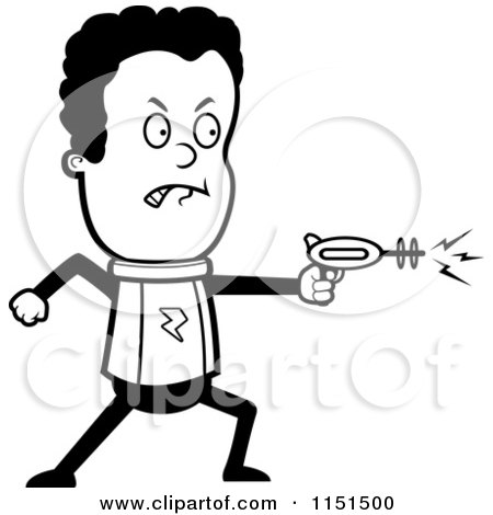 Cartoon Clipart Of A Black And White Angry Space Ranger Using a Ray Gun - Vector Outlined Coloring Page by Cory Thoman