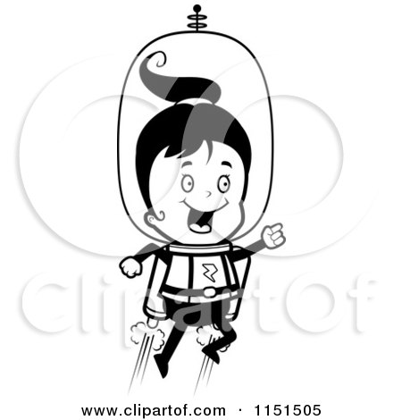 Cartoon Clipart Of A Black And White Happy Girl Using a Jet Pack in Space - Vector Outlined Coloring Page by Cory Thoman