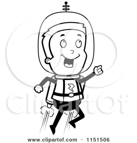 Cartoon Clipart Of A Black And White Space Man Using a Jetpack - Vector Outlined Coloring Page by Cory Thoman