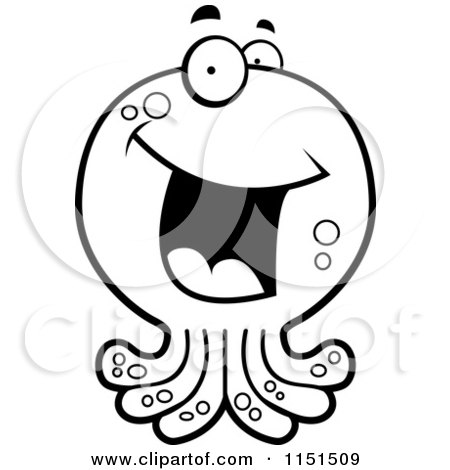 Cartoon Clipart Of A Black And White Happy Smiling Octopus - Vector Outlined Coloring Page by Cory Thoman