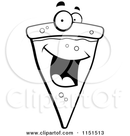 Cartoon Clipart Of A Black And White Happy Smiling Pizza Slice Face - Vector Outlined Coloring Page by Cory Thoman